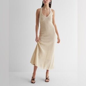 Express Crochet Maxi Dress Cover Up L White V-Neck Twist Back Resort Minimalist